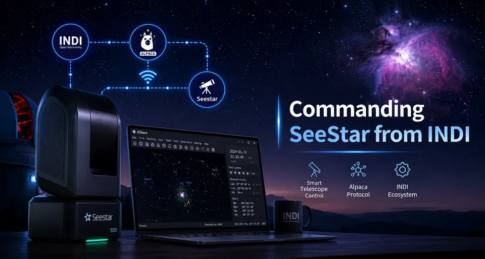 KStars on a laptop commanding a ZWO Seestar through INDI and Alpaca